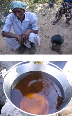 Top: A local farmer affected by the severe water contamination at Bicchadi. Bottom: Colored water drawn from a contaminated well in Bicchadi.